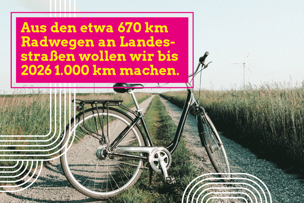 KI generiert: Das Bild zeigt ein Fahrrad auf einem ländlichen Radweg, begleitet von einem Text, der das Ziel beschreibt, das Radwegenetz von 670 km auf 1.000 km bis 2026 zu erweitern. Im Hintergrund sind Windräder zu sehen, was auf eine ländliche und nachhaltige Umgebung hinweist.