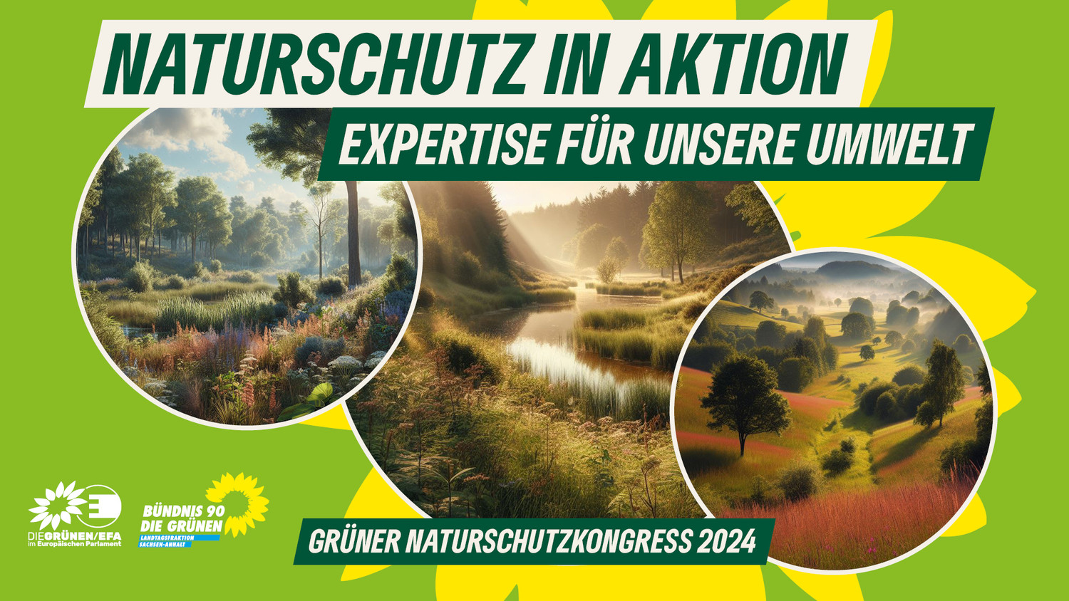 KI generiert: Das Bild bewirbt den "Grünen Naturschutzkongress 2024" mit dem Slogan "Naturschutz in Aktion - Expertise für unsere Umwelt" und zeigt idyllische Landschaften in Kreisen. Die Gestaltung beinhaltet grüne und gelbe Farbtöne, die mit dem Thema Natur assoziiert werden.