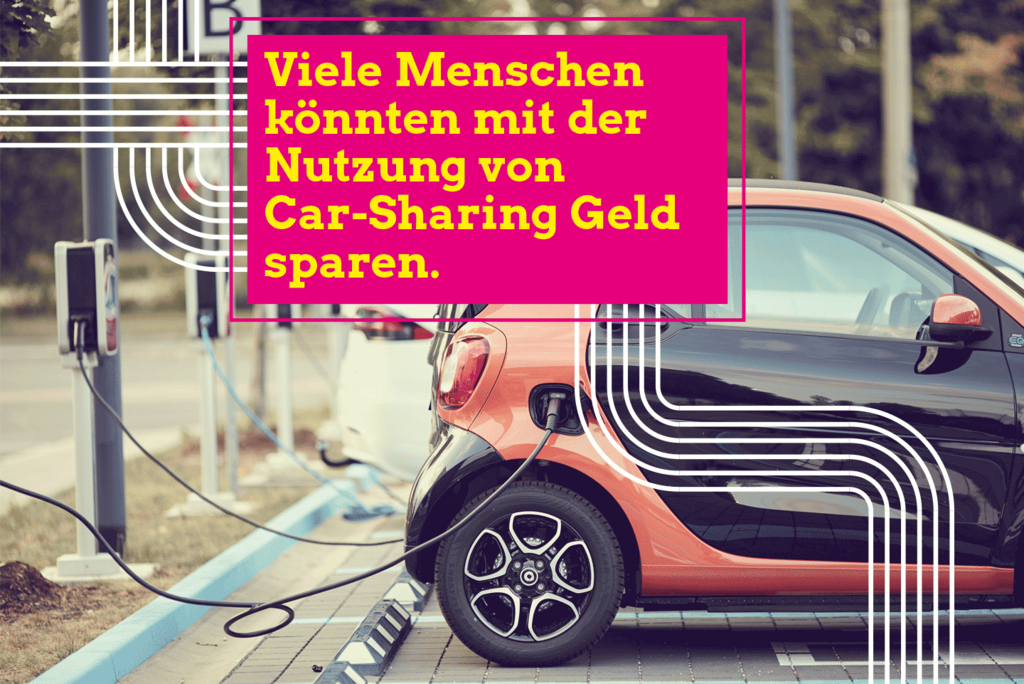 KI generiert: Das Bild zeigt ein Elektroauto, das an einer Ladestation geladen wird. Im Vordergrund steht ein Hinweis darauf, dass viele Menschen durch die Nutzung von Car-Sharing Geld sparen könnten.