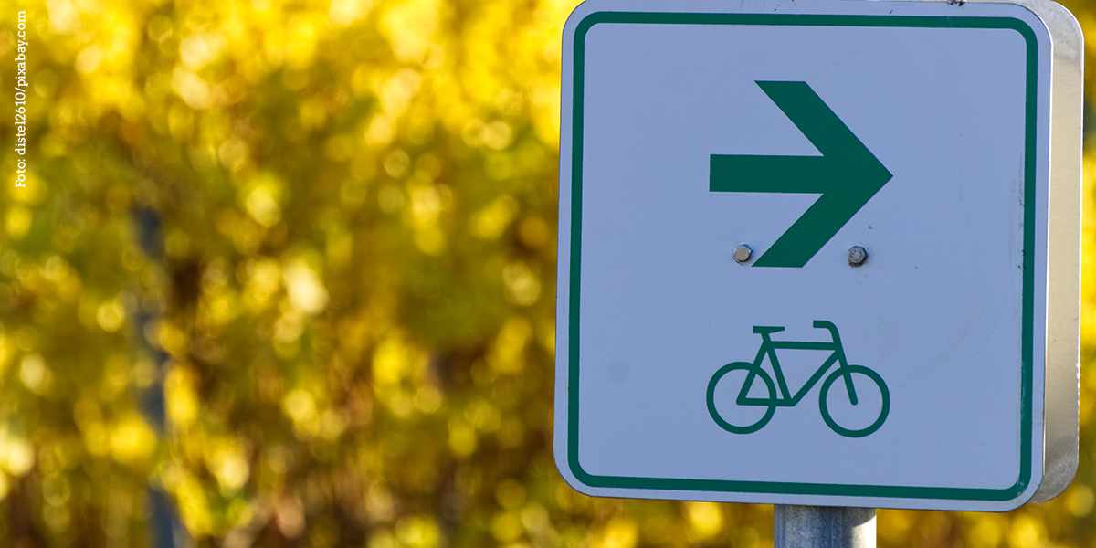 KI generiert: Das Bild zeigt ein Verkehrsschild mit einem Fahrrad und einem Pfeil, der nach rechts weist. Im Hintergrund sind unscharfe gelbe Blätter zu sehen.