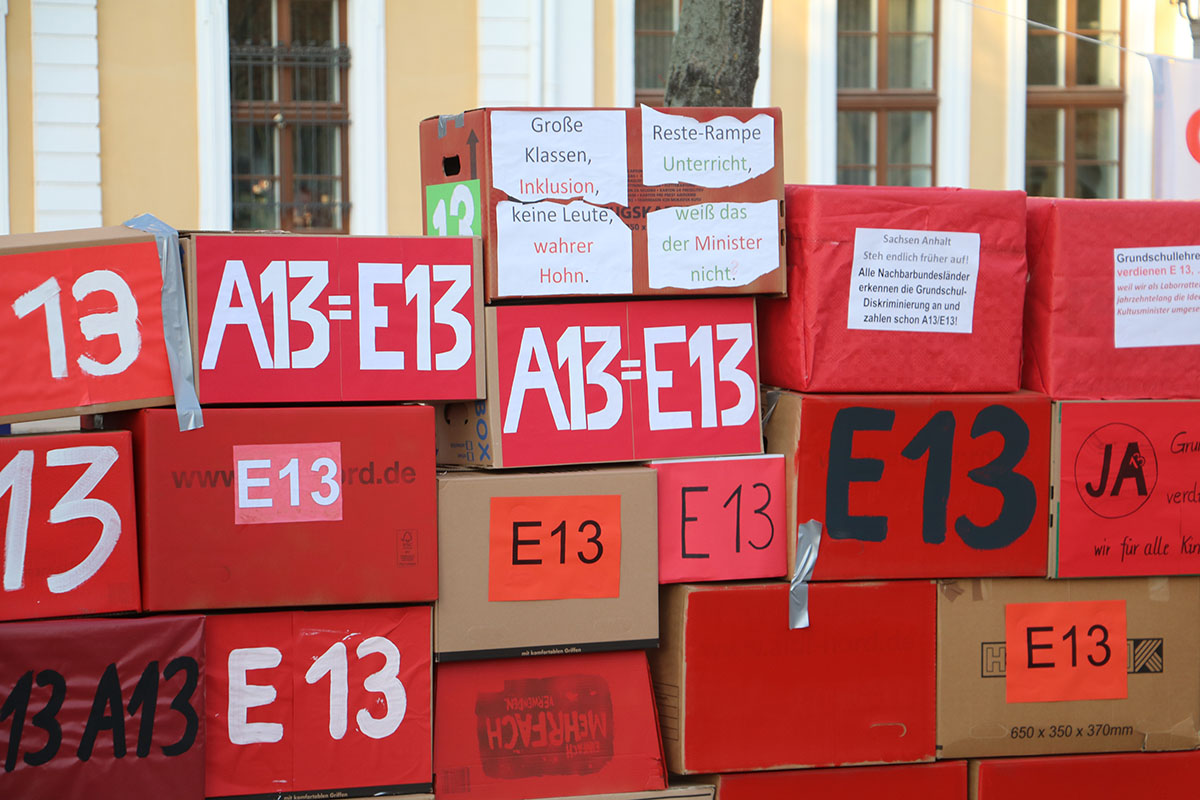 KI generiert: Das Bild zeigt eine Anordnung von Protestplakaten und -schildern auf Kartons, die Forderungen rund um das Gehalt (A13=E13) und schulpolitische Themen thematisieren. Der Hauptinhalt scheint eine Demonstration oder ein Protest gegen die aktuelle Bildungspolitik zu sein.