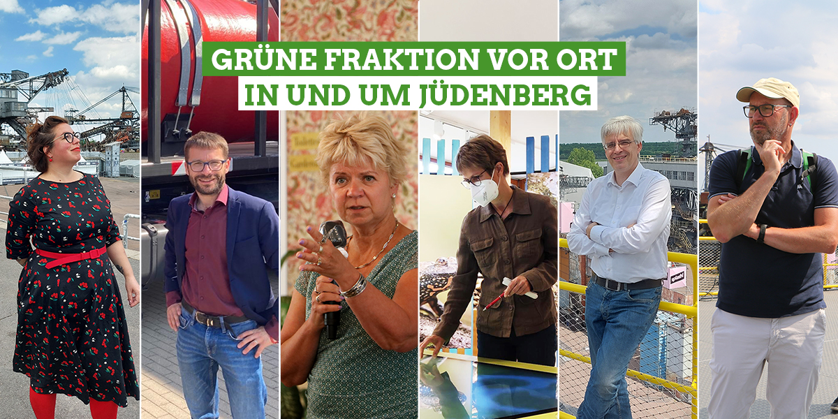 KI generiert: Das Bild zeigt eine Gruppe von Menschen, die in verschiedenen Umgebungen und Kontexten präsentiert werden, begleitet von dem Text "Grüne Fraktion vor Ort in und um Jüdenberg". Der Hauptinhalt sind Mitglieder oder Vertreter einer politischen Gruppe, die offensichtlich mit der Grünen Partei verbunden sind.