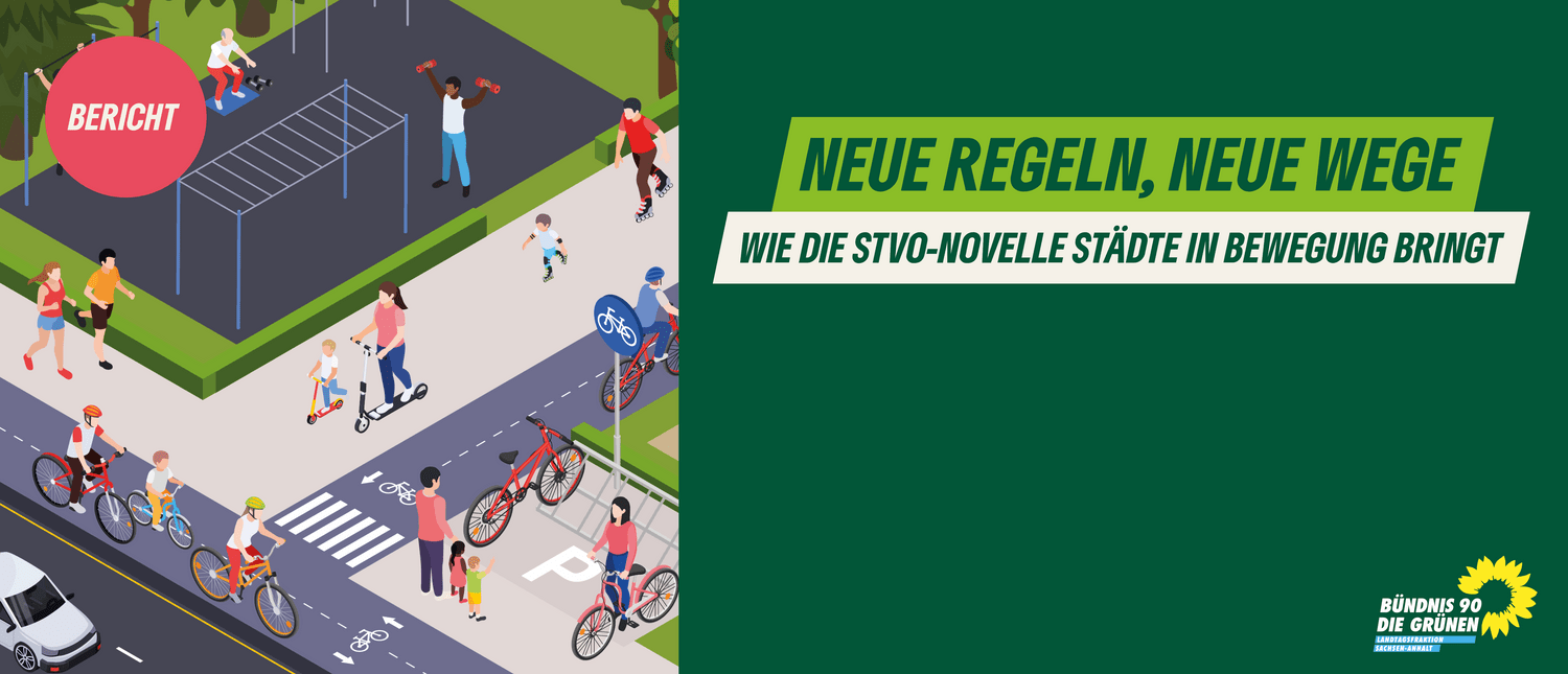 KI generiert: Das Bild zeigt eine Illustration verschiedener Personen, die nachhaltige Fortbewegungsmittel wie Fahrräder, Roller und zu Fuß nutzen, um durch eine urbane Umgebung zu navigieren. Rechts befindet sich ein Textfeld mit der Überschrift "Neue Regeln, neue Wege", das auf die Auswirkungen einer StVO-Novelle hinweist.