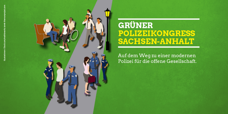 KI generiert: Das Bild zeigt eine Gruppe von Menschen auf einem Weg, die von Polizisten begleitet werden, sowie einen Text, der den "Grünen Polizeikongress Sachsen-Anhalt" ankündigt. Es betont das Ziel einer modernen Polizei für eine offene Gesellschaft.